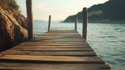 Poster - Wooden dock extending into tranquil water at sunset with clear sky and rocky shore ideal for nature and travel themes