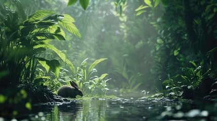 Poster - Close Up of a Swamp Rabbit in Lush Greenery with Serene Water Reflection and Copy Space for Text or Advertisements
