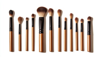 Poster - Professional makeup brush set arranged in warm tones on a white background with ample copy space for promotional text or branding.
