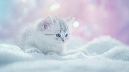 Aufkleber - Fluffy kitten playing in the snow with soft pastel backdrop and ample copy space for text ideal for winter themed promotions