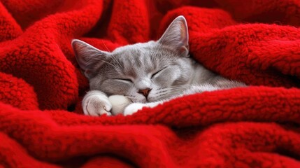 Aufkleber - Grey and white cat peacefully napping on a cozy red blanket with ample empty space for adding personalized text or messages