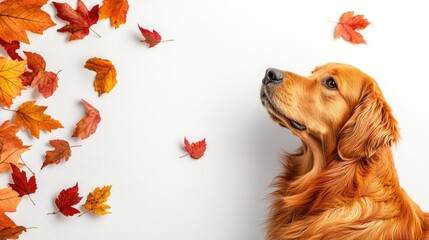 Poster - Golden retriever surrounded by autumn leaves with empty space for text ideal for seasonal promotions or pet-related content