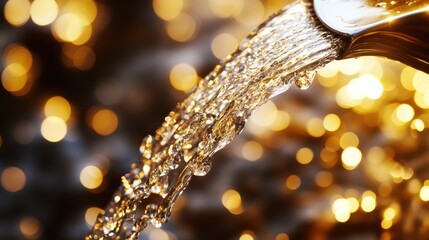 Poster - Shiny metal faucet with flowing water and beautiful bokeh background creating an inviting atmosphere for text placement or branding use