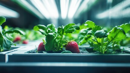 Poster - Close Up of Fresh Hydroponic Strawberries Growing in a Greenhouse with Lush Green Leaves and Bright Natural Lighting