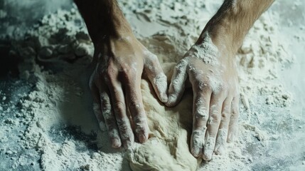 Aufkleber - Hands kneading dough on a floured surface with empty space for text showcasing baking and culinary creativity in a rustic kitchen setting