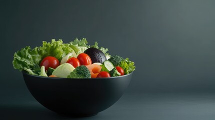 Poster - Fresh salad bowl filled with vibrant vegetables on a dark background with ample space for text or promotional content