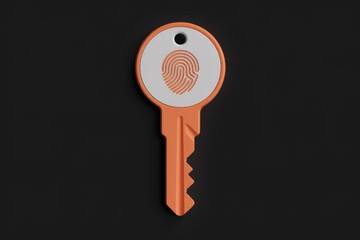 Poster - An orange key with a fingerprint icon on its head, symbolizing biometric security and access.