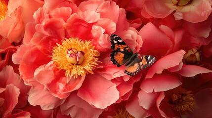Fototapete - Butterfly perched on vibrant peony blossoms with space for text in a soft floral background ideal for promotional designs or invitations