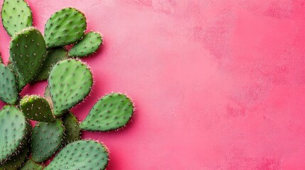 Poster - Close up of vibrant green cactus leaves on a bright pink background with ample copy space for promotional text or designs