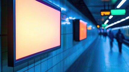 Aufkleber - HD LED monitor in subway station featuring changing images and empty text space with blurred movement of commuters in the background
