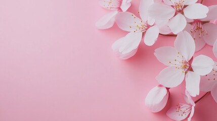 Poster - Delicate white cherry blossoms with pink center petals arranged on a soft pink background with ample space for text overlay