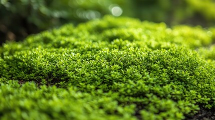 Poster - Lush green mossy bush bed in a serene forest setting with blurred background and ample space for text overlay or branding.