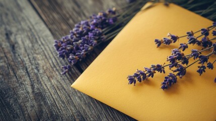 Poster - Yellow envelope with dried lavender on rustic wooden surface featuring empty copy space for elegant text or branding design.
