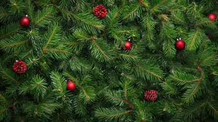 Poster - Close up of a lush green Christmas tree with vibrant red ornaments and pine cones featuring ample space for festive text or messages