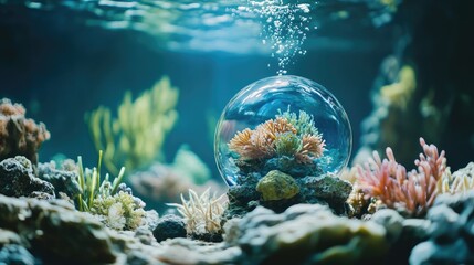 Poster - Close up of a glass sphere reflecting underwater scenery with vibrant corals and bubbles creating serene atmosphere for text placement