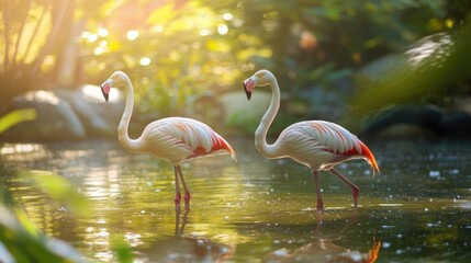 Poster - Close-up of Two Graceful Flamingos in a Serene Natural Setting with Soft Light and Ample Copy Space for Text