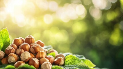 Aufkleber - Close up of hazelnuts surrounded by green leaves with a sunlit background and ample space for text or marketing messages
