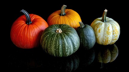 Poster - Close up shot of assorted colorful pumpkins against a black background showcasing their textures and colors with space for text or branding