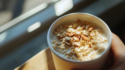 Poster - Sunlit oatmeal container with almond milk and sliced almonds close up on wooden surface with room for text in bright kitchen setting