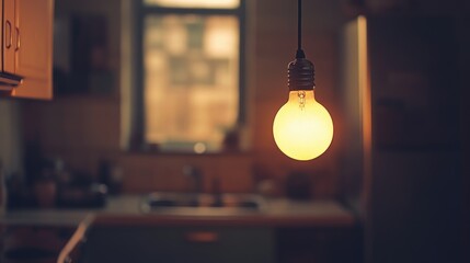 Poster - Rustic kitchen with a glowing hanging lightbulb creating a warm ambiance and ample empty space for text or overlays.