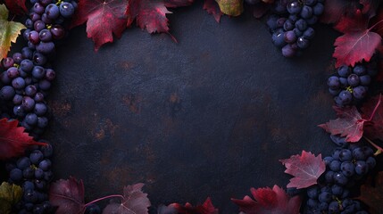 Aufkleber - Ripe red grapes elegantly framed by autumn leaves on a dark background with ample space for customizable text or branding purposes