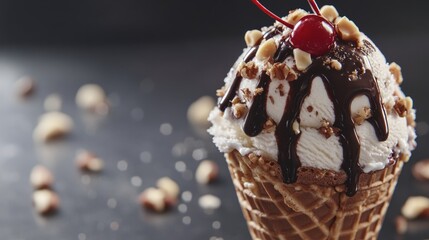 Poster - Delicious ice cream in waffle cone topped with chocolate syrup nuts and cherry in a stylish presentation with blank space for text