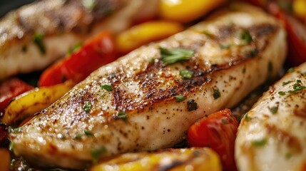 Poster - Grilled fish steak with colorful vegetables on a plate showcasing texture and freshness with space for text or branding