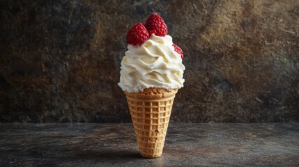 Poster - Delicious ice cream cone topped with whipped cream and raspberries against a textured background perfect for dessert promotions and advertisements
