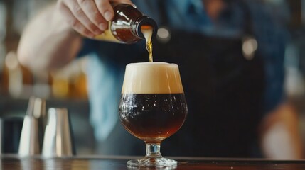 Poster - Craft bartender pouring a rich craft beer into a pint glass with frothy head showcasing a blurred background and ample space for text