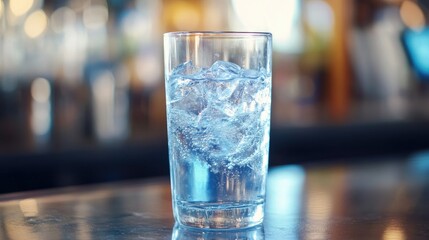 Poster - Refreshing ice cold beverage in a clear glass on a bar counter with blurred background and ample empty space for promotional text