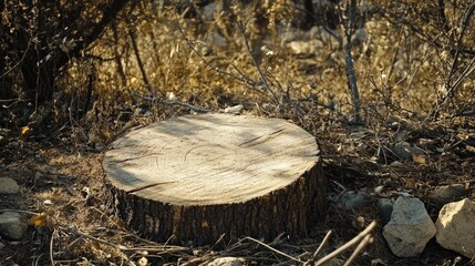 Poster - Close up of a tree stump in a forest setting surrounded by dry twigs with ample space for adding custom text or graphics