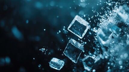 Poster - Close Up of Ice Cubes with Bubbles on Dark Background for Beverage Advertising and Empty Space for Custom Text or Branding