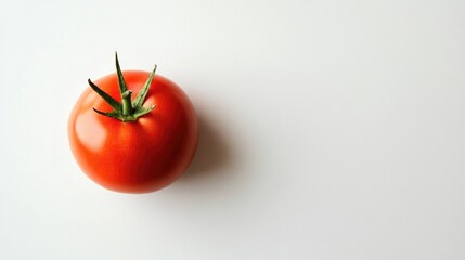 Poster - Fresh red tomato on a smooth white background with ample empty space for text or product placement in food-related advertising.