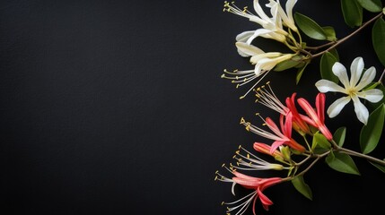 Poster - Close Up of Colorful Honeysuckle Blooms on Dark Background with Space for Text or Branding Elements