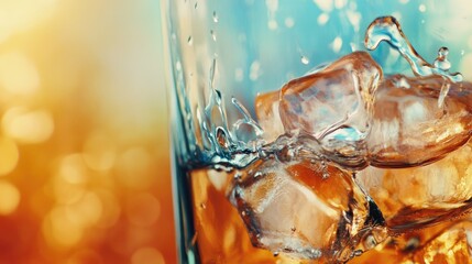 Poster - Close up of melting ice cubes in a glass with blurred warm background and empty space for beverage or drink-related text or advertisement