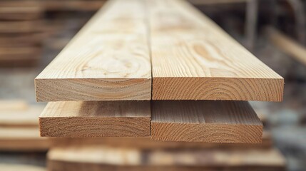 Poster - Carpenter's close-up view of freshly cut wooden planks stacked for measurement with empty space ideal for overlaying text or graphics