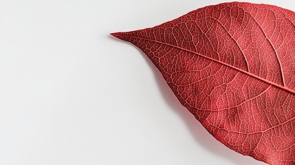 Poster - Close up of a vibrant red autumn leaf on a white background with ample copy space for design or text overlay purposes