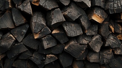 Aufkleber - Close up of a large stacked pile of dark firewood with textured bark and empty space for text or design overlay ideas