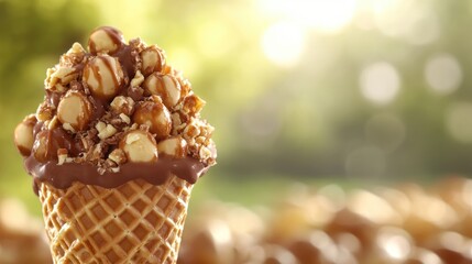 Aufkleber - Delicious hazelnut praline chocolate waffle cone topped with crunchy nuts against a sunny background with space for text