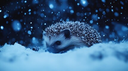 Poster - Hedgehog in a snowy night scene surrounded by falling snowflakes with ample copy space for text or branding.