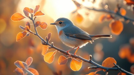 Poster - Songbird perched on a tree branch surrounded by autumn leaves in warm hues with soft bokeh background for text overlay