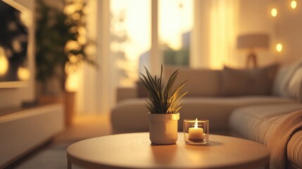 Fototapete - Cozy Scandinavian Living Room with Candle and Plant Creating a Warm Hygge Atmosphere Perfect for Home Decor and Lifestyle Themes