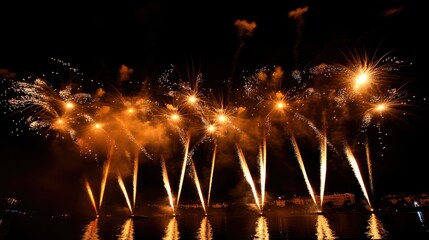 Poster - Stunning fireworks display illuminating the night sky over water with space for text and celebrations in the background