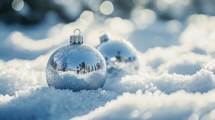 Poster - Close Up of Shiny Silver Holiday Ornaments on Soft Snowy Background with Space for Text or Festive Messages