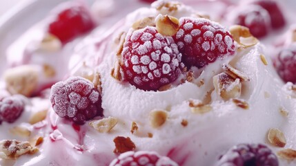 Poster - Close Up of Delicious Ice Cream with Fresh Berries and Nuts Surrounded by Empty Space for Text or Branding Use