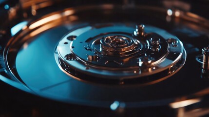 Poster - Close up of hard drive platters showcasing intricate writing mechanisms with empty space for text and emphasis on technology imagery