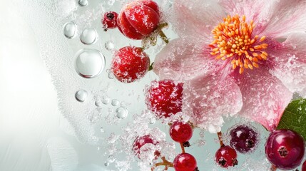 Poster - Frozen flower and berries with water droplets showcasing a delicate aesthetic and empty space for text in a refreshing composition
