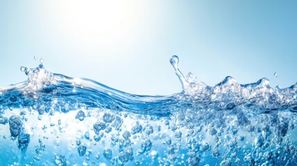 Poster - Ice melting in water creating bubbles under sunlight with clear blue backdrop for text placement and serene natural ambiance
