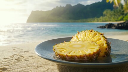 Leinwandbilder - Fresh ripe pineapple slices on a plate at a beach during sunset with a tranquil ocean view and ample space for text and design elements.