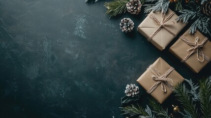 Poster - Festive holiday gifts with natural decorations on dark surface creating inviting atmosphere for seasonal celebration and text space